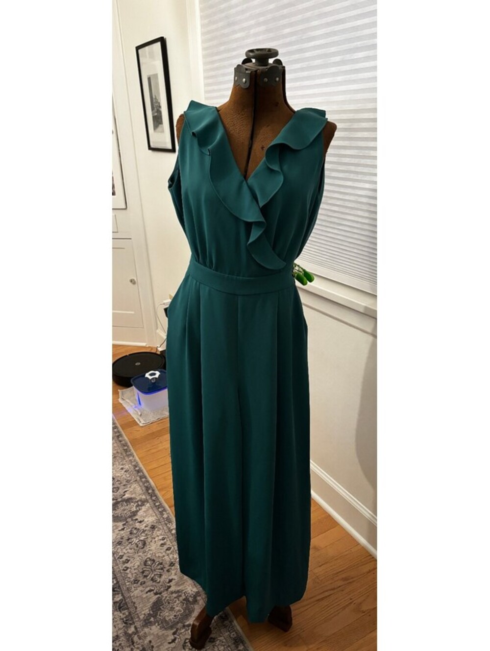 Boden Teal Green Ruffle V-Neck Wide-Leg Jumpsuit